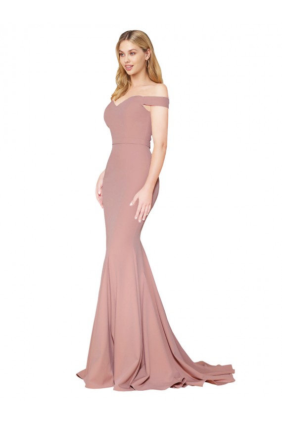 Inexpensive Off the Shoulder Sweetheart Long Sweep Train Crepe Prom Dress UK