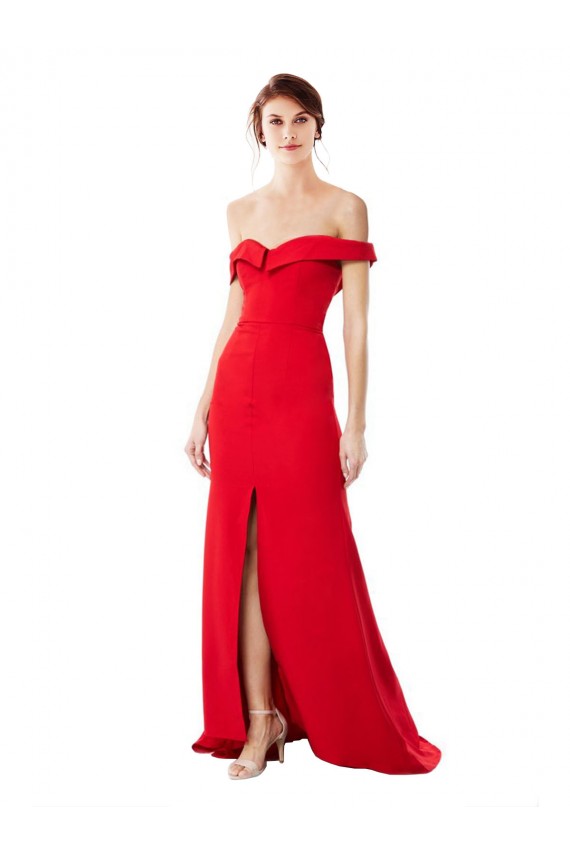 Inexpensive Off the Shoulder Chapel Train Crepe Prom Dress with Thigh-High slit UK