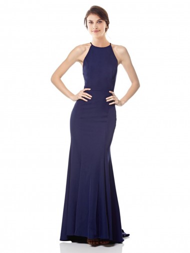 Inexpensive High Neck Fishtail Crepe Prom Dress with Open Back Detail UK