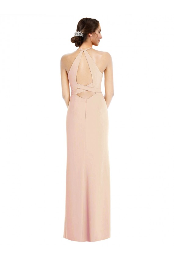 Inexpensive Halter Criss Cross Cutout Back Maxi Crepe Prom Dress UK