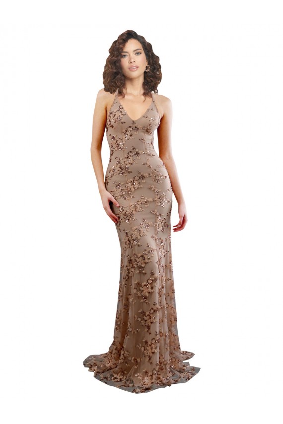 Inexpensive Floral Patterned Backless V-Neckline Sequin Prom Dress UK