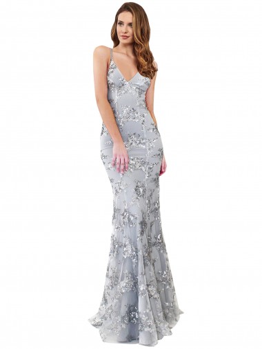Inexpensive Silver V-Neckline Backless Floral Patterned Sequin Prom Dress UK