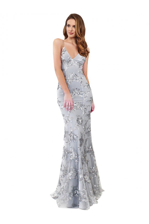 Inexpensive Silver V-Neckline Backless Floral Patterned Sequin Prom Dress UK