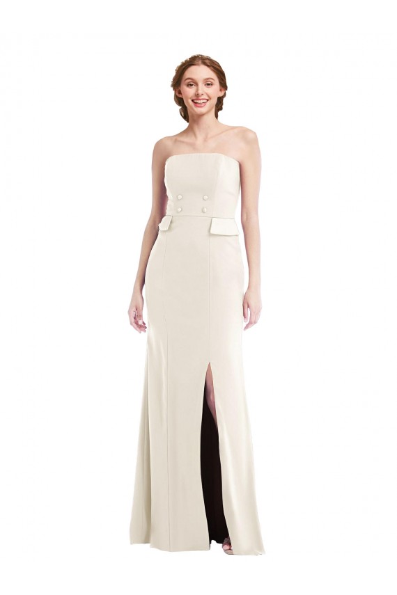 Inexpensive Long Strapless Tuxedo Maxi Prom Dress with Front Slit & Pockets UK