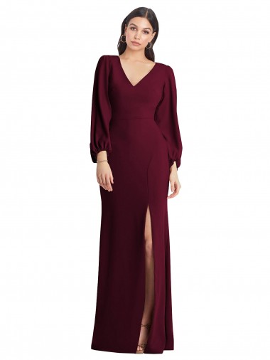 Inexpensive Long Puff Sleeve V-Neck Trumpet Maxi Prom Dress UK