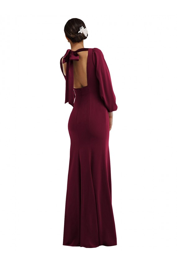 Inexpensive Bishop Sleeve Open Back Trumpet Crepe Prom Dress with Scarf Tie UK