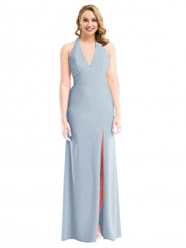 Inexpensive Plunge Neck Halter Backless Trumpet Prom Dress with Front Slit UK