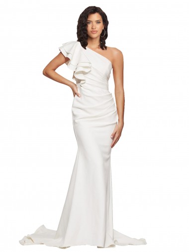 Inexpensive Ruched Long Sweep Train Crepe Prom Dress with Shoulder Ruffles UK