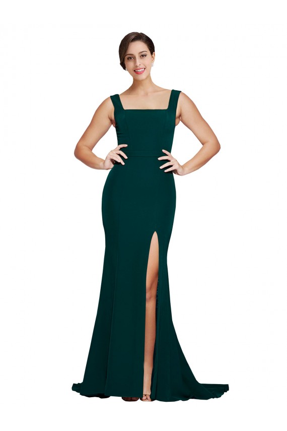 Inexpensive Fitted Square Neck Long Crepe Prom Dress with Train and Side Split UK