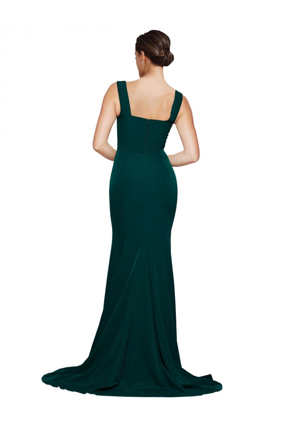 Inexpensive Fitted Square Neck Long Crepe Prom Dress with Train and Side Split UK