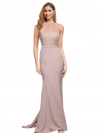 Inexpensive Long Sweetheart Crepe Prom Dress with High Neck Illusion Tulle Details UK