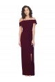 Inexpensive Fitted Full Length Off the Shoulder Crepe Prom Dress with Side Split and Waist Tie UK