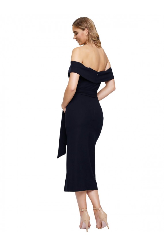 Inexpensive Fitted Short Midi Length Off the Shoulder Crepe Cocktail Prom Dress / Homecoming Dress with Side Split and Waist Tie UK