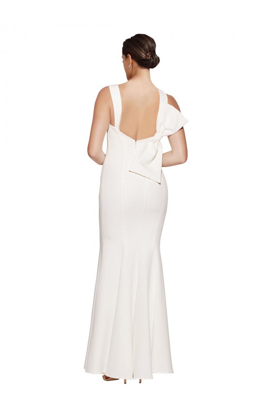 Inexpensive Full Length Square Neck Crepe Prom Dress with Asymmetrical Straps and Bow Back UK