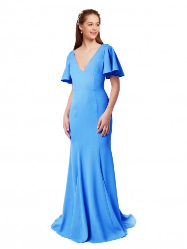 Inexpensive Short Sleeves Long V-Neck Crepe Prom Dress with V-Back UK