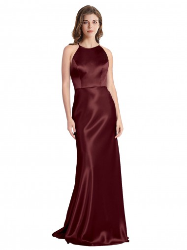 Inexpensive High Neck Halter Long Sleeveless Stretch Satin Prom Dress with Strappy Back UK