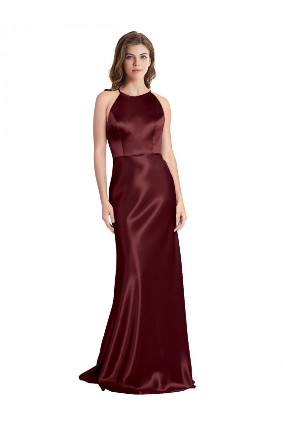 Inexpensive High Neck Halter Long Sleeveless Stretch Satin Prom Dress with Strappy Back UK