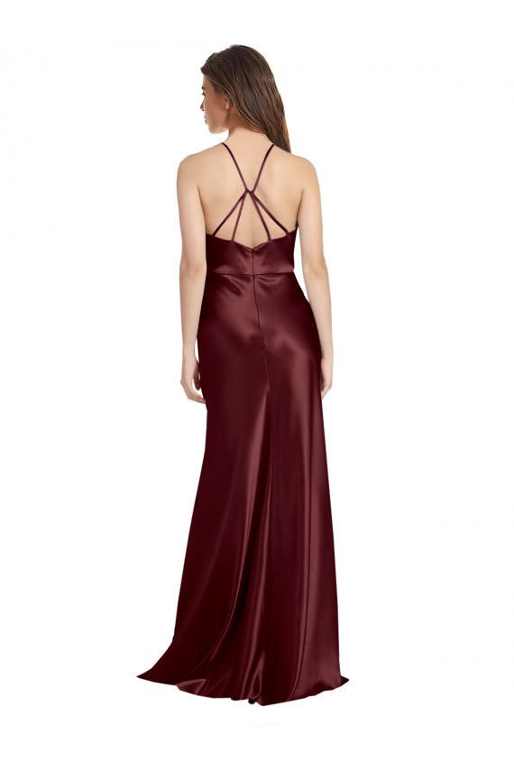 Inexpensive High Neck Halter Long Sleeveless Stretch Satin Prom Dress with Strappy Back UK