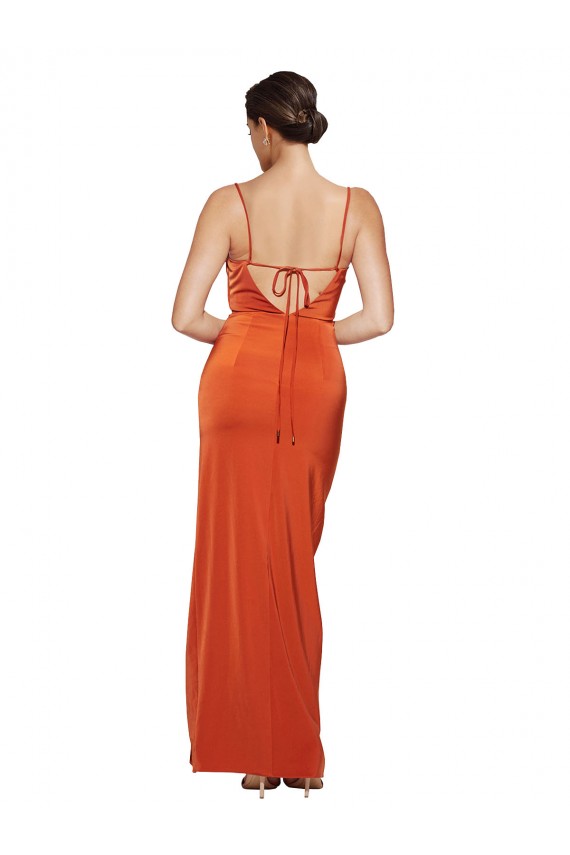 Inexpensive Front Cowl Neck Long Floor Length Stretch Satin Prom Dress with High Side Split UK