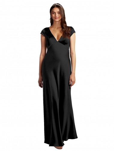 Inexpensive Plunging V-Neck Cap Cleeves Long Stretch Satin Prom Dress with Keyhole Back UK