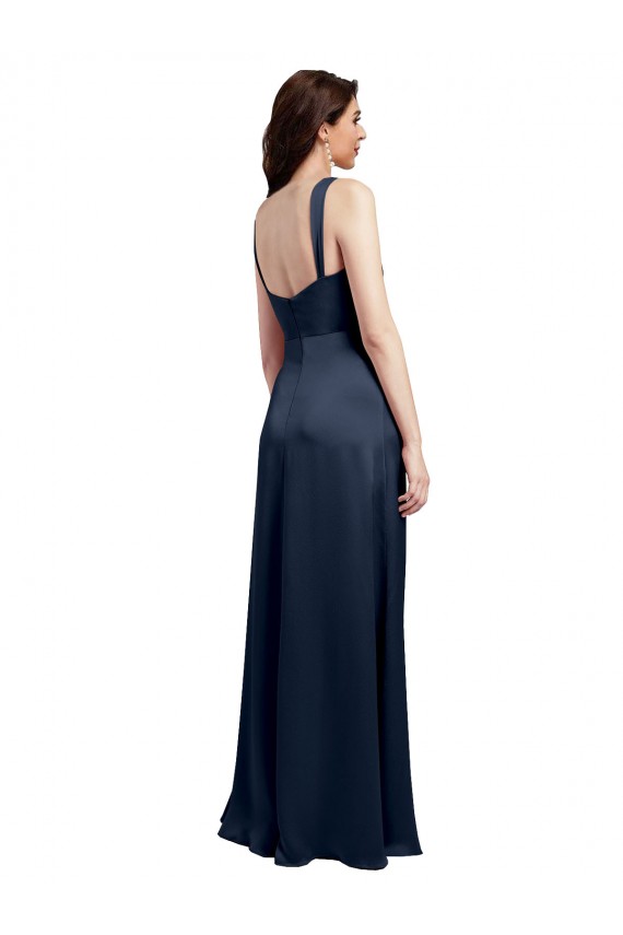 Inexpensive Cowl Neck Soft Long Stretch Satin Prom Dress with Side Slit and Pleated Straps UK