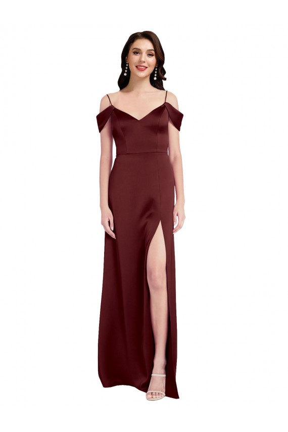 Inexpensive Draped Off the Shoulder Sleeves Slim A-Line Stretch Satin Prom Dress with Side Slit UK