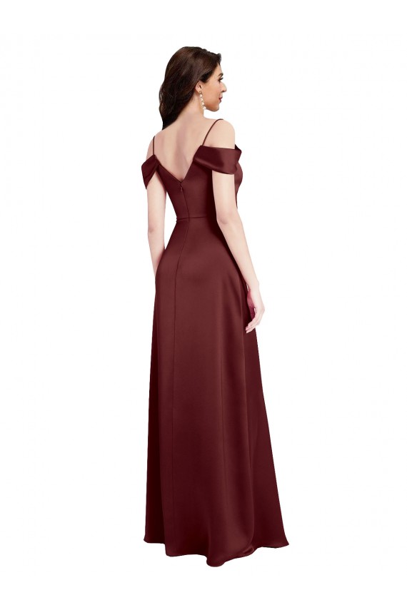 Inexpensive Draped Off the Shoulder Sleeves Slim A-Line Stretch Satin Prom Dress with Side Slit UK