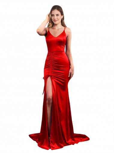 Inexpensive Long Pleated Stretch Satin Prom Dress with High Slit UK