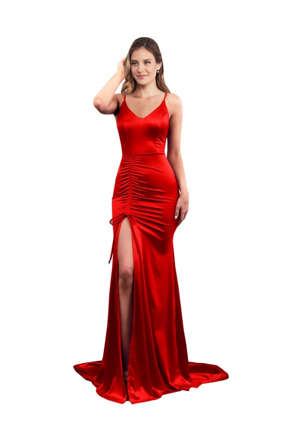Inexpensive Long Pleated Stretch Satin Prom Dress with High Slit UK