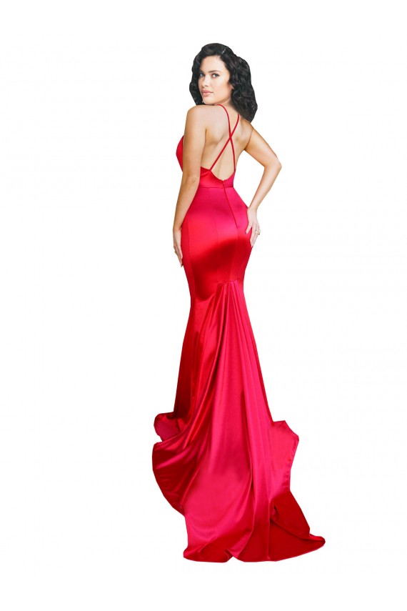 Inexpensive Mermaid Open Back Long Stretch Satin Prom Dress with High Slit UK