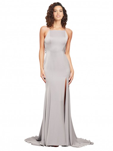 Inexpensive High Neck Low Back Long Full Length Stretch Satin Prom Dress UK