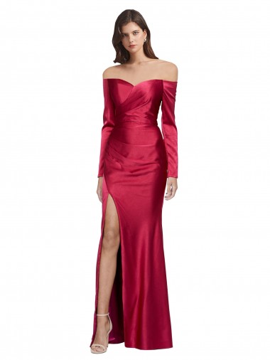 Inexpensive Long Sleeves Off the Shoulder Stretch Satin Prom Dress with High Side Split UK