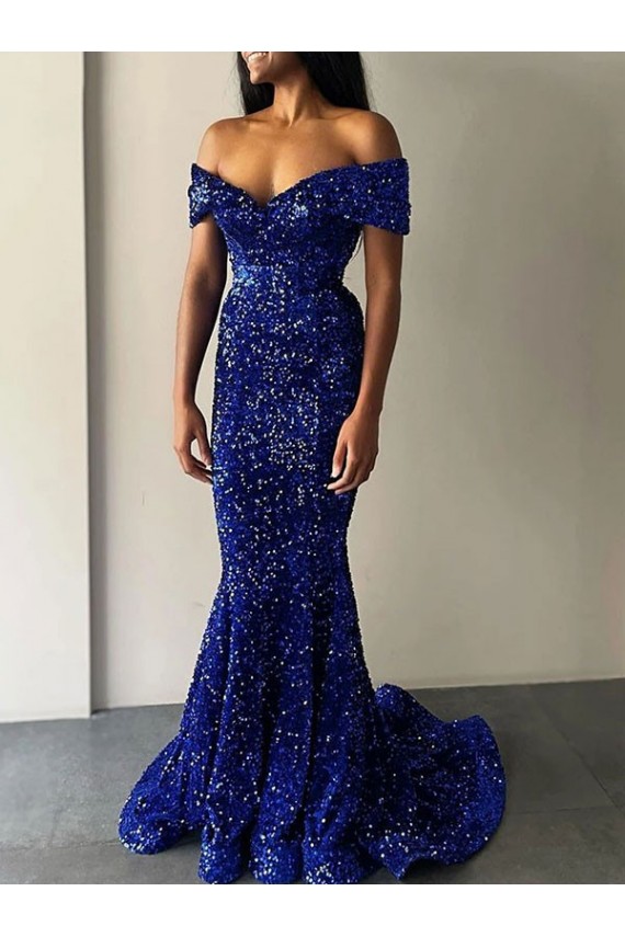 Inexpensive Mermaid Off the Shoulder Sleeveless Long Sweep Train Velvet Sequin Prom Dress UK