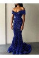 Inexpensive Mermaid Off the Shoulder Sleeveless Long Sweep Train Velvet Sequin Prom Dress UK