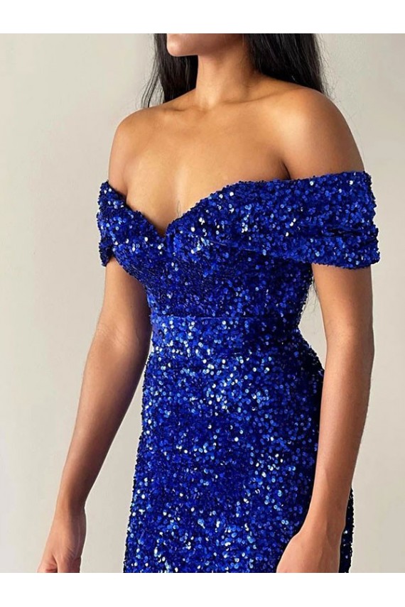 Inexpensive Mermaid Off the Shoulder Sleeveless Long Sweep Train Velvet Sequin Prom Dress UK