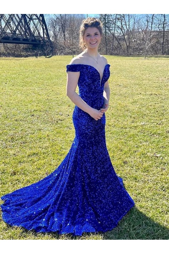 Inexpensive Off the Shoulder Sleeveless Long Sweep Train Velvet Sequin Prom Dress UK