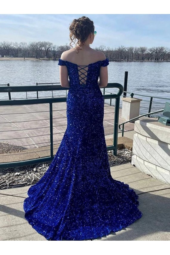 Inexpensive Off the Shoulder Sleeveless Long Sweep Train Velvet Sequin Prom Dress UK