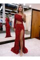 Inexpensive Mermaid One Shoulder Long Sleeves Long Sweep Train Velvet Sequin Prom Dress with High Slit UK