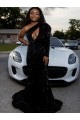 Inexpensive One Shoulder Long Sleeves Long Sweep Train Velvet Sequin Prom Dress UK