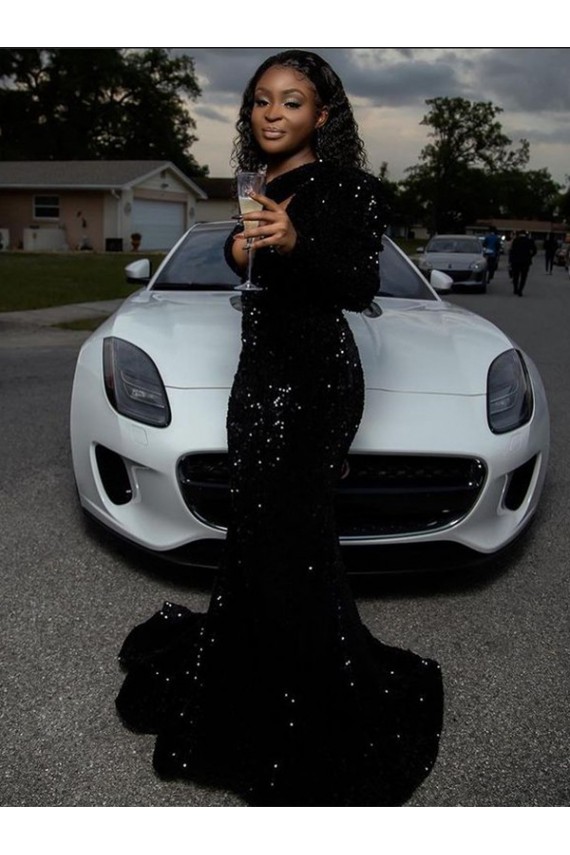 Inexpensive One Shoulder Long Sleeves Long Sweep Train Velvet Sequin Prom Dress UK