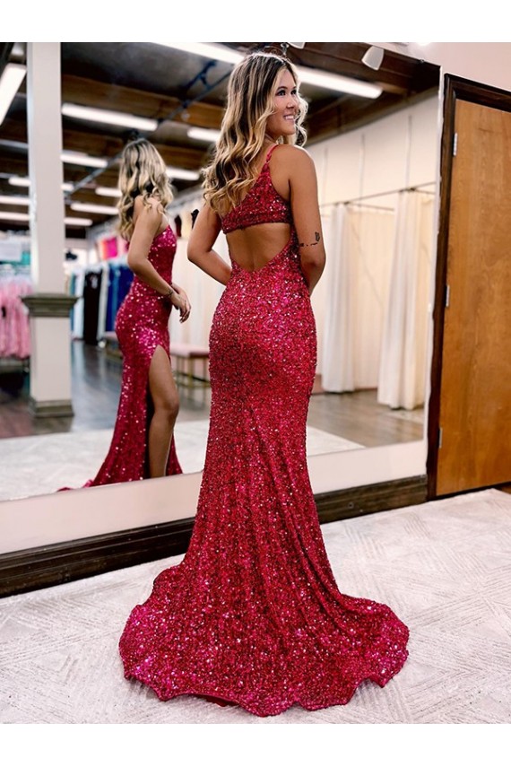Inexpensive Mermaid One Shoulder Sleeveless Long Sweep Train Velvet Sequin Prom Dress with High Slit UK