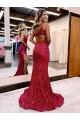 Inexpensive Mermaid One Shoulder Sleeveless Long Sweep Train Velvet Sequin Prom Dress with High Slit UK