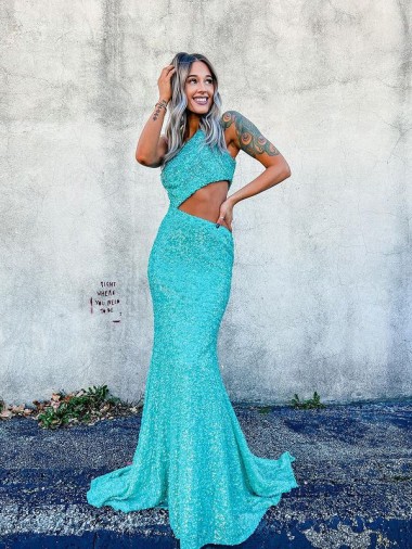 Inexpensive Mermaid One Shoulder Sleeveless Long Sweep Train Velvet Sequin Prom Dress UK