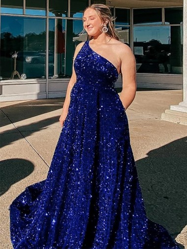 Inexpensive A-Line One Shoulder Sleeveless Long Sweep Train Velvet Sequin Prom Dress with Pockets UK