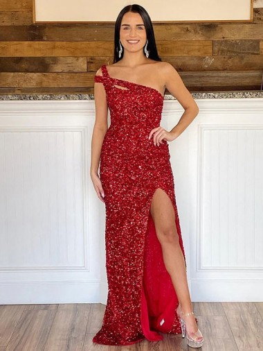 Inexpensive One Shoulder Sleeveless Long Sweep Train Velvet Sequin Prom Dress UK
