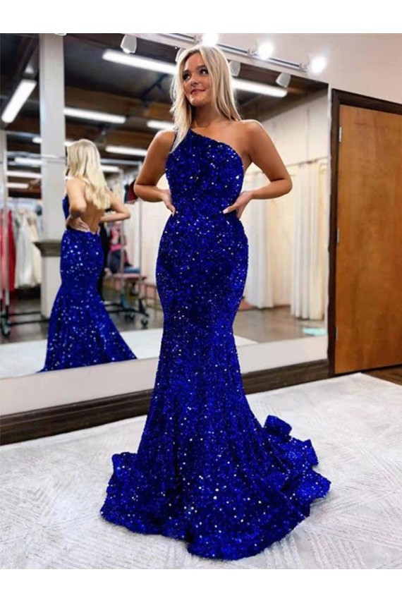 Inexpensive Mermaid One Shoulder Open Back Long Sweep Train Velvet Sequin Prom Dress UK