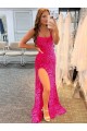 Inexpensive Spaghetti Straps Sleeveless Long Velvet Sequin Prom Dress with Slit and Criss Cross Open Back UK