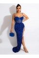 Inexpensive Long Sweep Train Spaghetti Straps Sleeveless Velvet Sequin Prom Dress with Slit UK