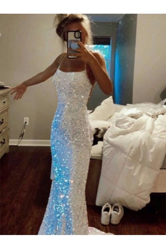 Inexpensive Long Spaghetti Straps Sleeveless Sweep Train Velvet Sequin Prom Dress UK