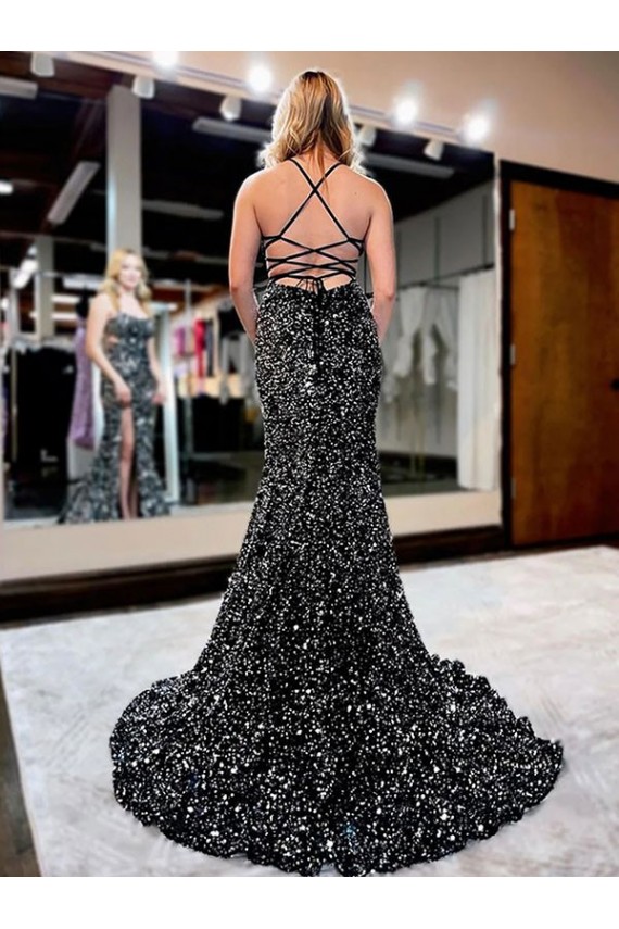 Inexpensive Spaghetti Straps Sleeveless Long Sweep Train Velvet Sequin Prom Dress UK